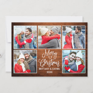 Modern Calligraphy Couple 5 Photo Christmas Wood Holiday Card