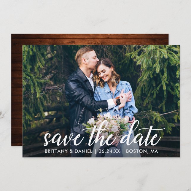 Modern Calligraphy Couple Photo Wedding Wood Save The Date (Front/Back)