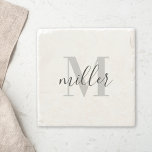 Modern Calligraphy Custom Family Name Monogram Stone Coaster<br><div class="desc">Custom-designed stone coasters featuring personalised monogram and family name in modern hand calligraphy.</div>