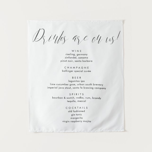 Modern Calligraphy Drinks on us Wedding Bar Menu Tapestry (Front)