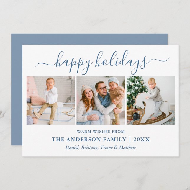 Modern Calligraphy Dusty Blue 3 Photo Holiday Card (Front/Back)