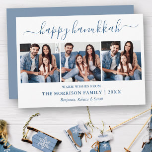 Modern Calligraphy Dusty Blue Hanukkah 3 Photo Holiday Card