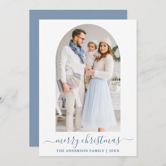 Modern Calligraphy Dusty Blue Photo Arch Christmas Holiday Card (Front/Back)