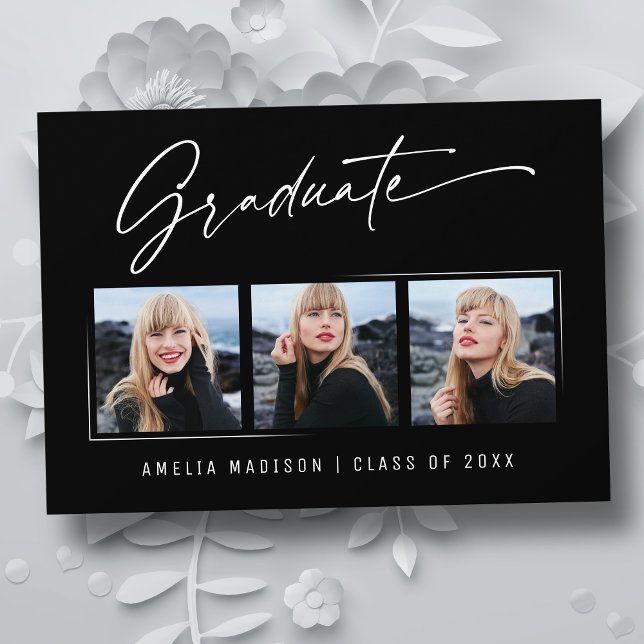 Modern Calligraphy Elegant Ink Script 3 Photo Grad Announcement (Creator Uploaded)