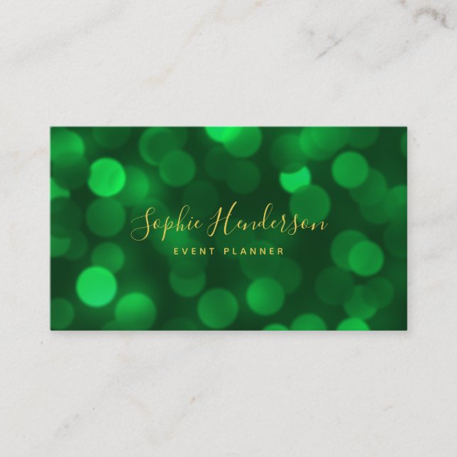 Modern Calligraphy Emerald Green Bokeh Lights Business Card (Front)
