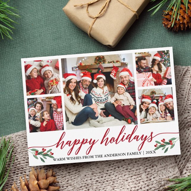 Modern Calligraphy Family 5 Photo Collage Holiday Card (Customize to add text to back of card.)