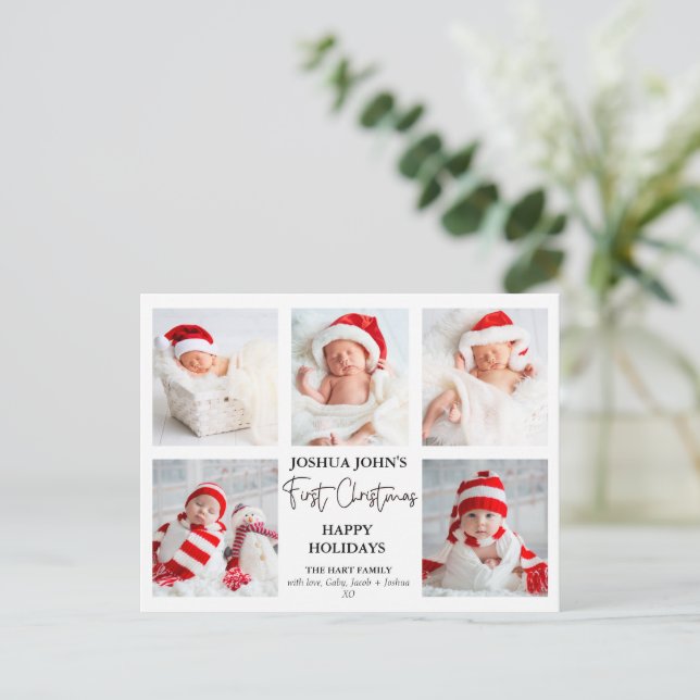 Modern Calligraphy Five Photo First Christmas Postcard (Standing Front)