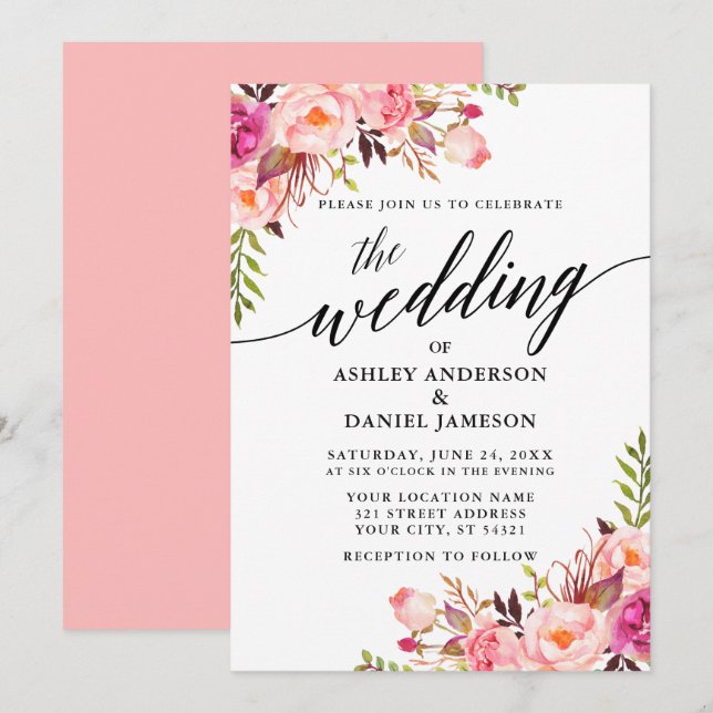 Modern Calligraphy Floral Pink Blush Wedding Invitation (Front/Back)