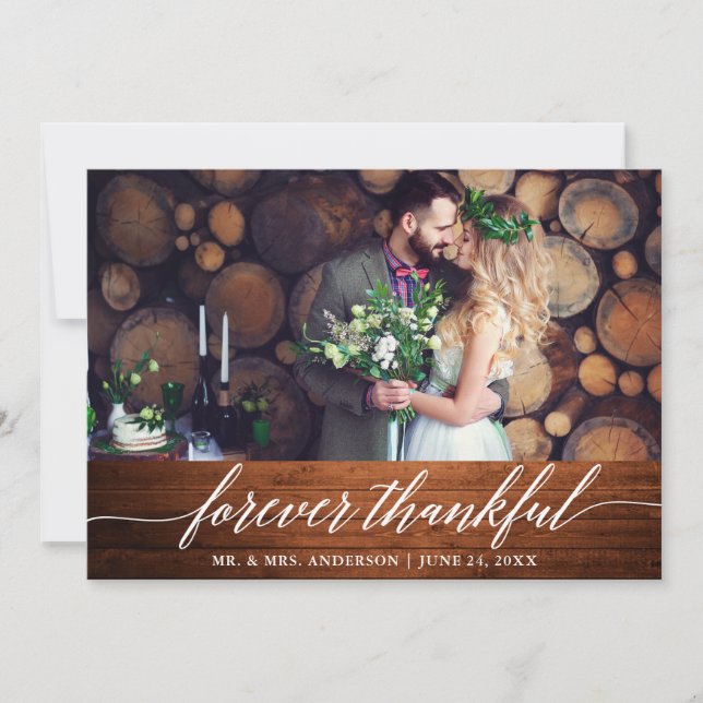 Modern Calligraphy Forever Thankful Wood Wedding Thank You Card (Front)