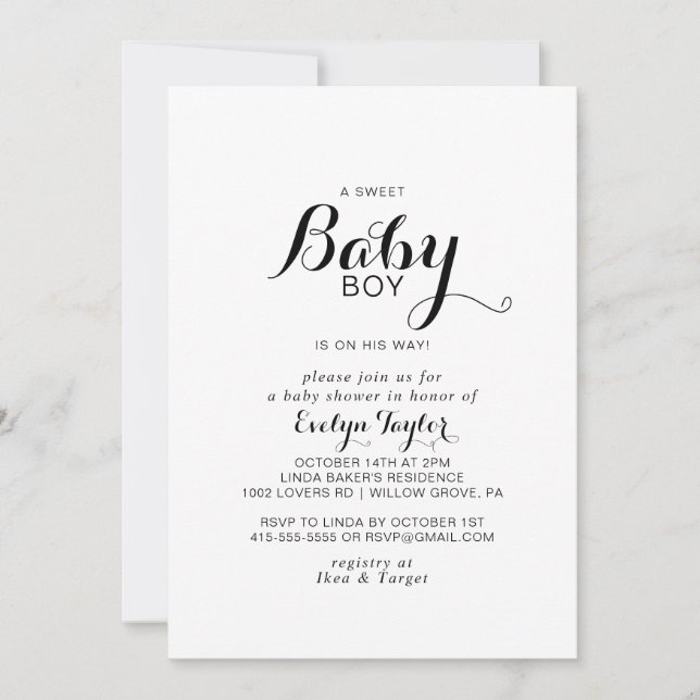 Modern Calligraphy Formal Baby Boy shower Invitation (Front)
