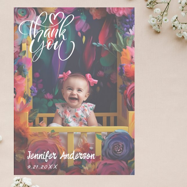 Modern Calligraphy Full Custom Photo Baby Shower Thank You Card (Creator Uploaded)