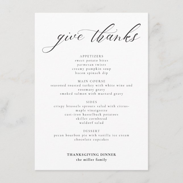 Modern Calligraphy Give Thanks Thanksgiving Menu (Front)
