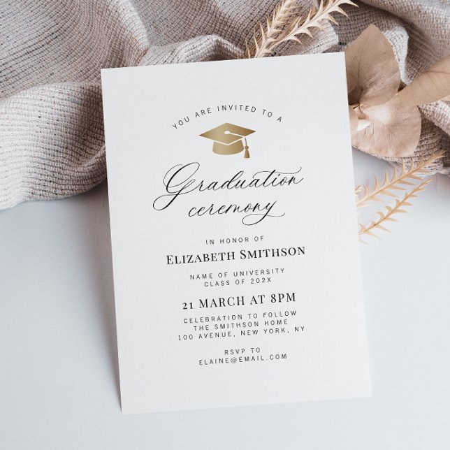 modern calligraphy gold cap graduation ceremony invitation (Creator Uploaded)