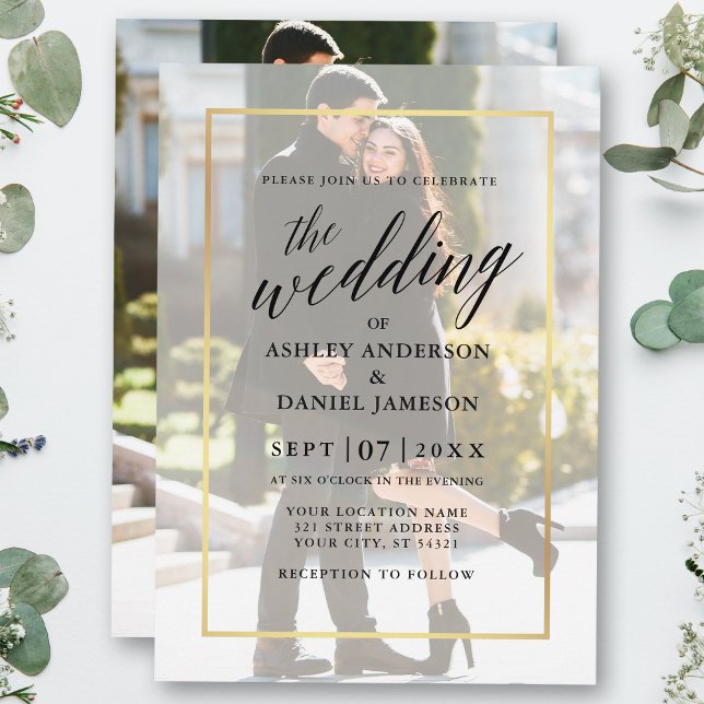 Modern Calligraphy Gold Frame Photo Wedding Invitation (Customize to change your personalized text size or text style.)