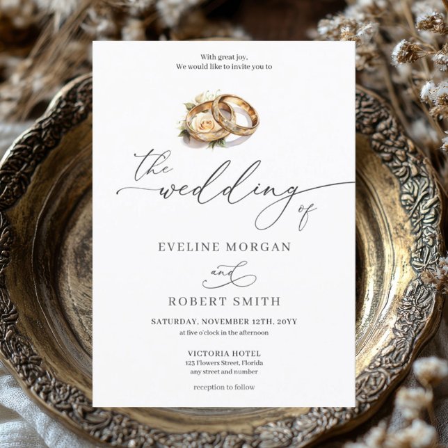 Modern calligraphy gold rings and roses wedding invitation (trendy hand writing script lettering gold wedding rings wedding invitation)