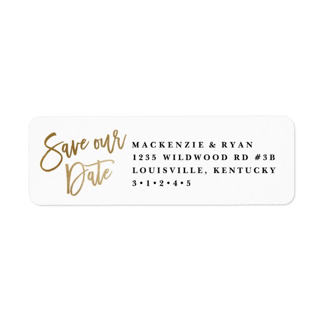 Modern calligraphy gold save the date announcement return address label (Front)