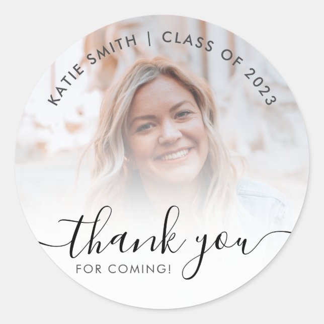 Modern Calligraphy Graduation Photo Thank You Classic Round Sticker (Front)