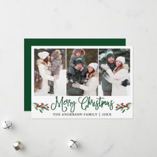 Modern Calligraphy Green Christmas Holly 3 Photo Holiday Card