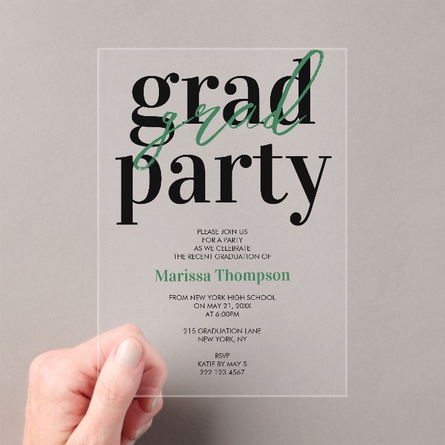 Modern Calligraphy Green Graduation Party  Acrylic Invitations (Insitu (Handheld))