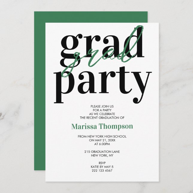 Modern Calligraphy Green Graduation Party  Invitation (Front/Back)