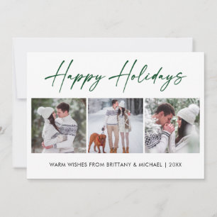 Modern Calligraphy Green Ink 3 Photo Couple Holiday Card