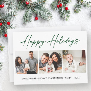 Modern Calligraphy Green Ink Script 3 Photo Holiday Card