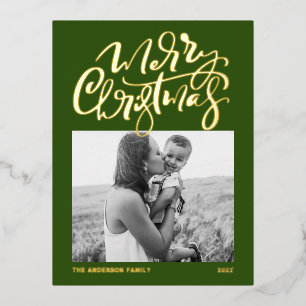 Modern Calligraphy Green Merry Christmas Photo Foil Holiday Postcard