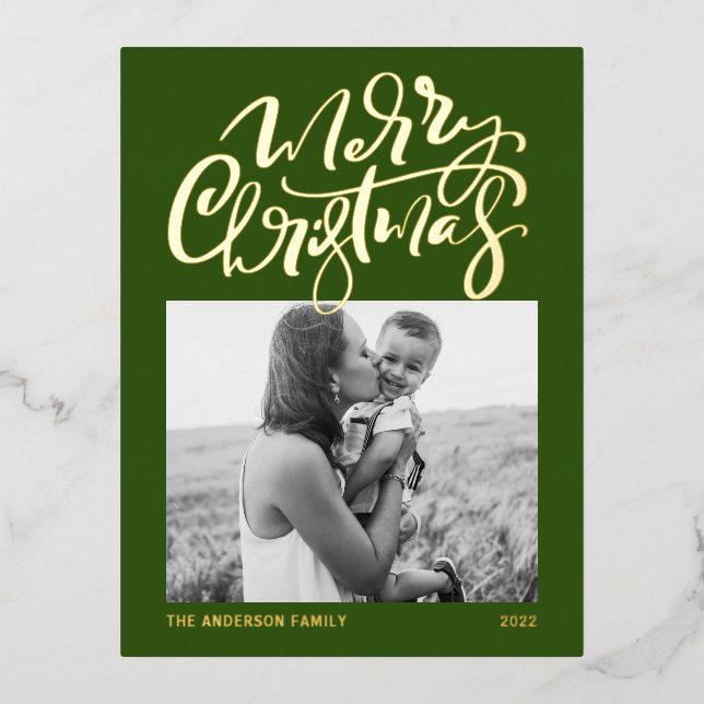 Modern Calligraphy Green Merry Christmas Photo Foil Holiday Postcard (Front)