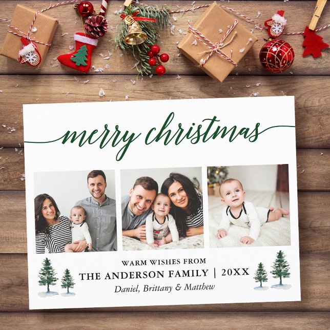 Modern Calligraphy Green Pines Christmas 3 Photo Postcard (Customize to change your personalized text size or text style.)