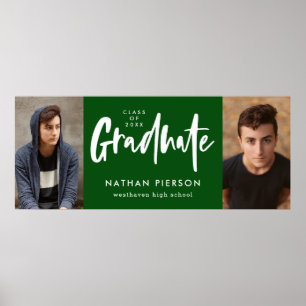 Modern Calligraphy Green Two Photo Graduation Poster