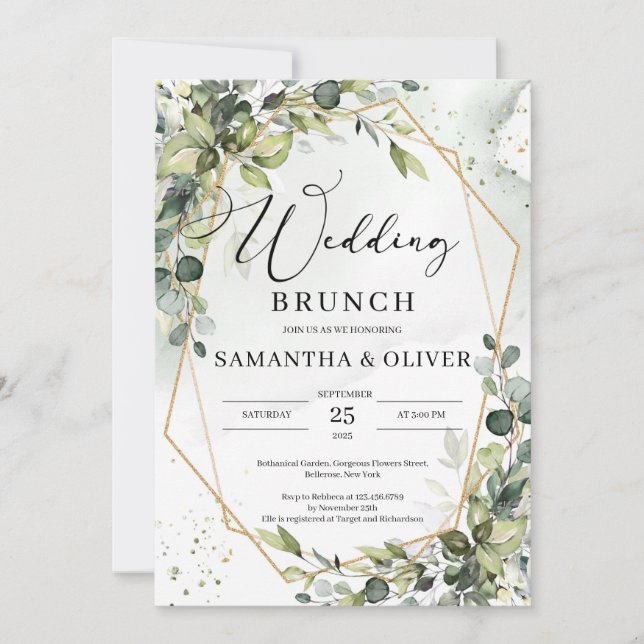 Modern Calligraphy greenery gold wedding brunch Invitation (Front)