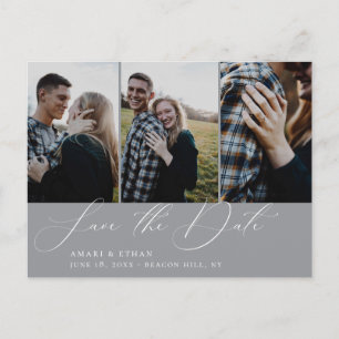 Modern Calligraphy Grey Multi-Photo Save the Date Announcement Postcard