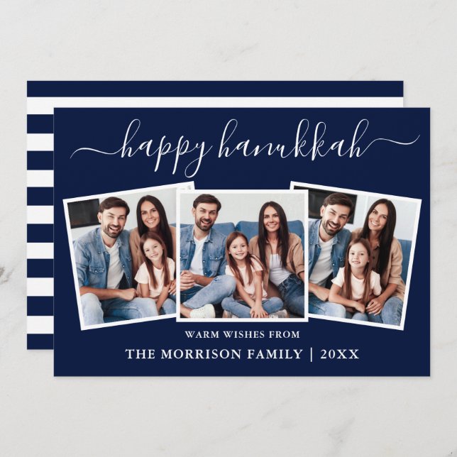 Modern Calligraphy Hanukkah Blue Stripes 3 Photo Holiday Card (Front/Back)