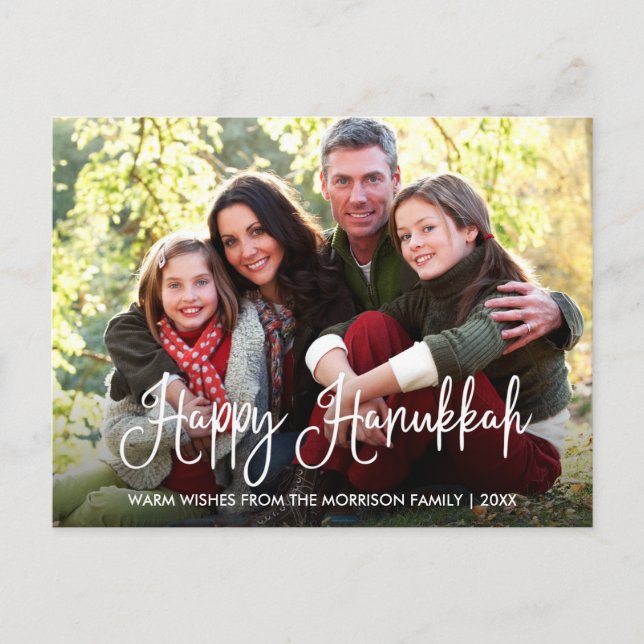 Modern Calligraphy Happy Hanukkah Family Photo Postcard (Front)