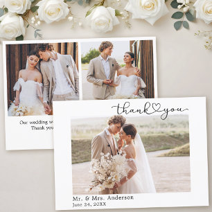Modern Calligraphy Heart 3 Photo Wedding Thank You Card