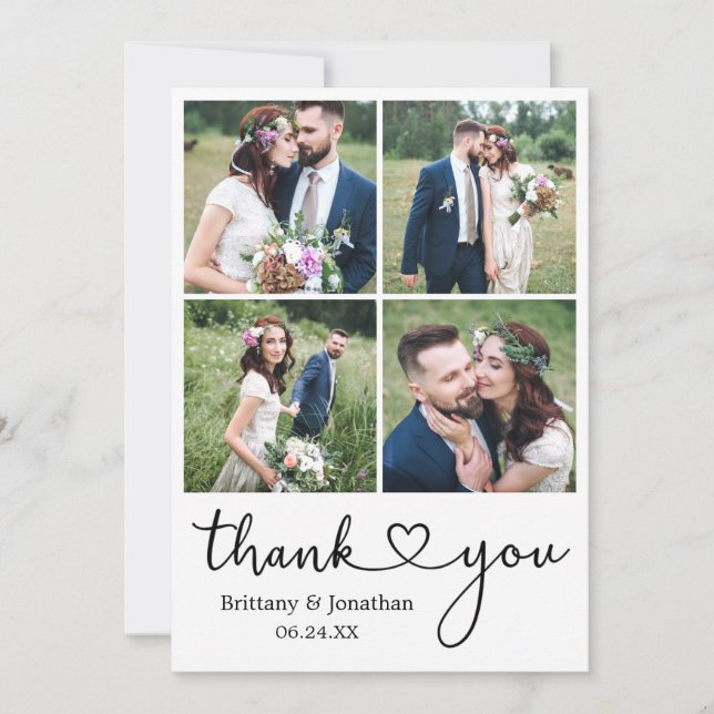 Modern Calligraphy Heart 4 Photo Wedding Thank You Card (Front)