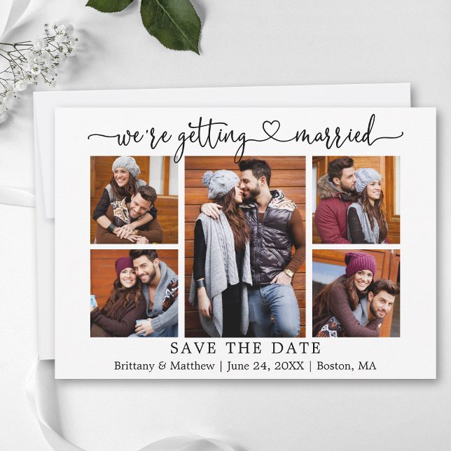 Modern Calligraphy Heart 5 Photo Getting Married Save The Date (Customize to add text to back of card.)