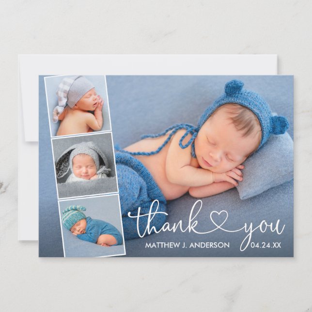 Modern Calligraphy Heart Baby 4 Photo Collage Thank You Card (Front)