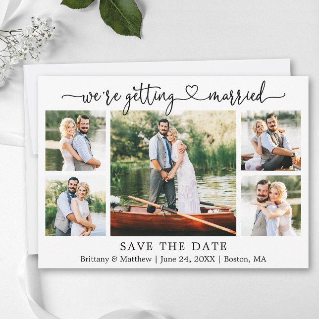 Modern Calligraphy Heart Getting Married 5 Photo Save The Date (Customize to add text to back of card.)