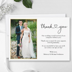 Modern Calligraphy Heart Gold Frame Photo Wedding Thank You Card