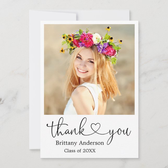 Modern Calligraphy Heart Graduate Photo Thank You Card (Front)