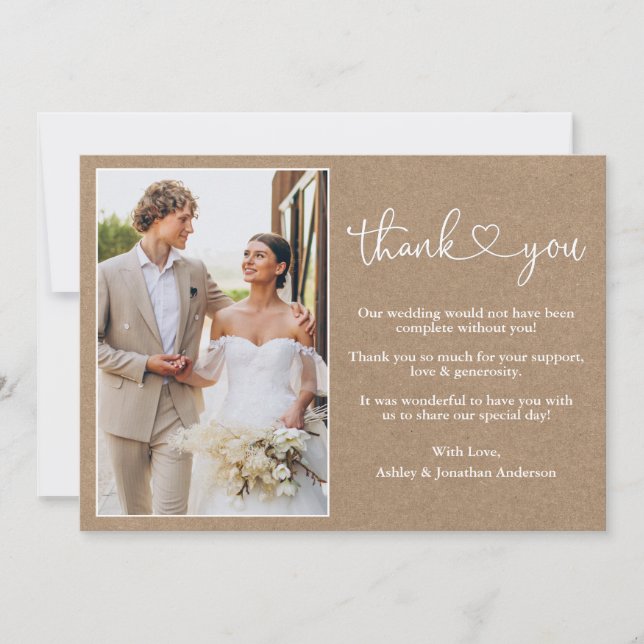 Modern Calligraphy Heart Kraft Wedding Photo Thank You Card (Front)