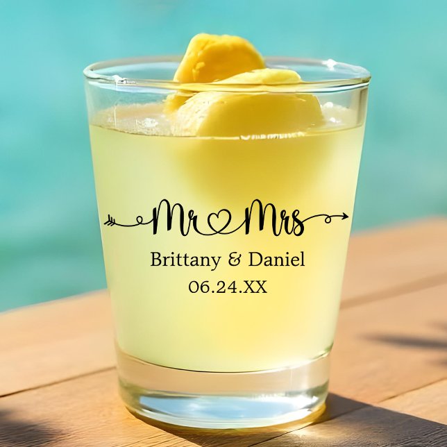 Modern Calligraphy Heart Mr. and Mrs. Wedding Shot Glass (Customize to change your personalized text size or text style.)