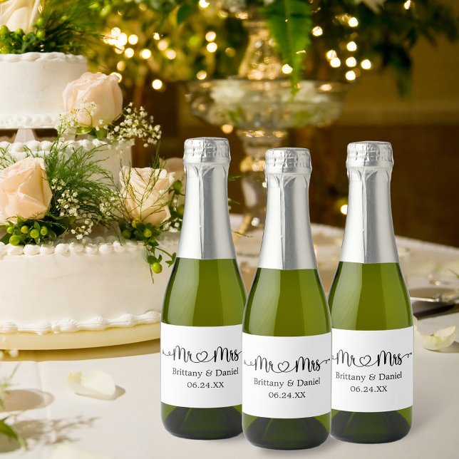 Modern Calligraphy Heart Mr. and Mrs. Wedding  Sparkling Wine Label (Customize to change background color.)
