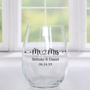 Modern Calligraphy Heart Mr. and Mrs. Wedding Stemless Wine Glass