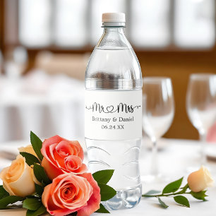 Modern Calligraphy Heart Mr. and Mrs. Wedding  Water Bottle Label