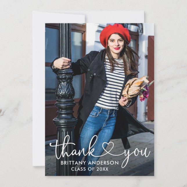 Modern Calligraphy Heart Photo Graduation  Thank You Card (Front)