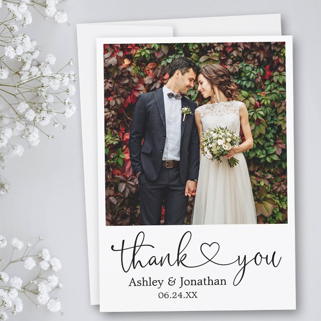 Modern Calligraphy Heart Photo Wedding Thank You Card (Customize to change your personalized text size or text style.)