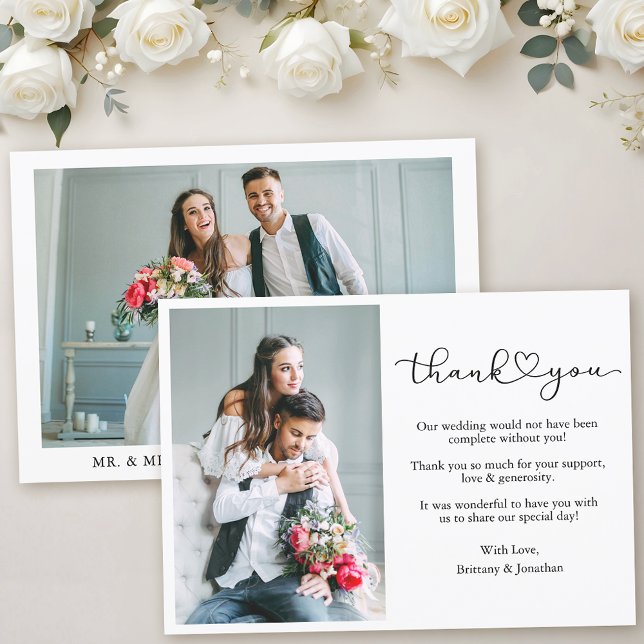 Modern Calligraphy Heart Script 2 Photo Wedding  Thank You Card (Customize to change your personalized text size or text style.)