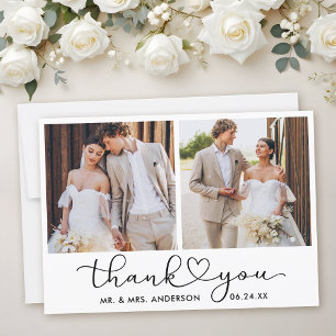 Modern Calligraphy Heart Script 2 Photos Wedding Thank You Card